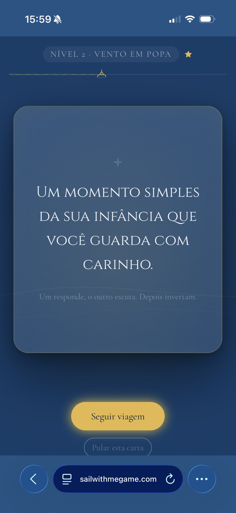 Tela do jogo — carta de pergunta (Nível 2 · Vento em Popa)