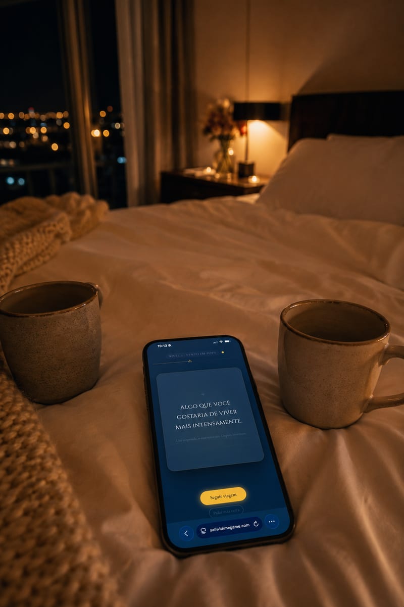 Celular com o Cartas de Bordo na cama, à luz de vela