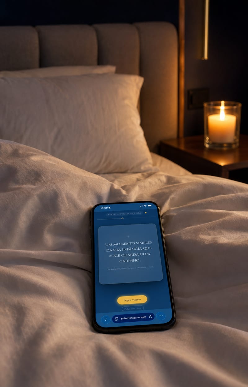 Celular com o Cartas de Bordo na cama, à luz baixa